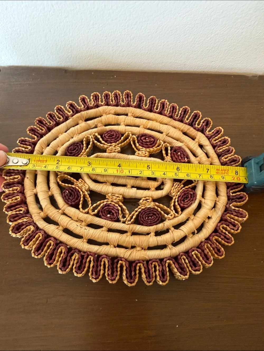 Handwoven Straw Trivet with Maroon Accents